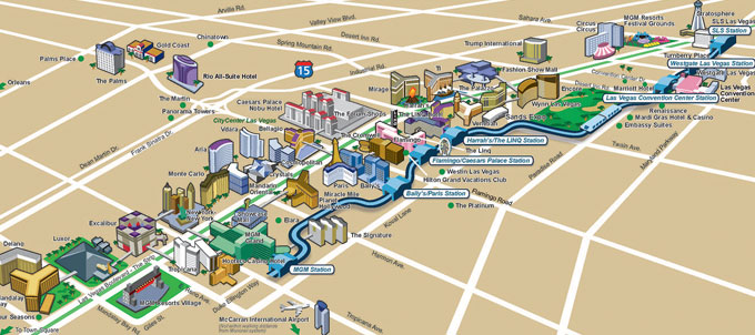 AN ILLUSTRATED MAP OF THE LAS VEGAS MONORAIL.