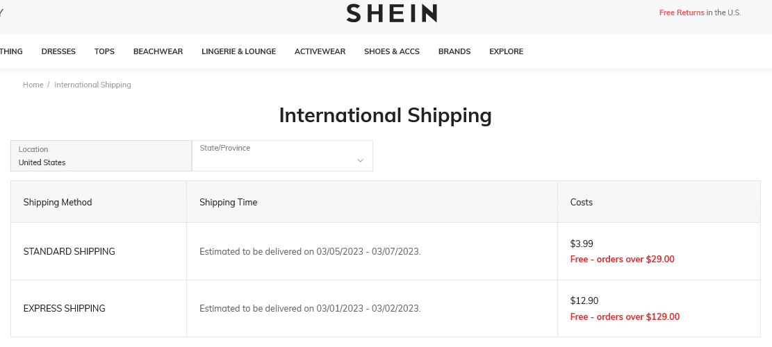 type Of Shein Shipping